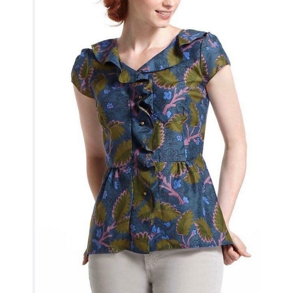 Vanessa Virginia Anthropologie Silk Blend Botanical Ruffle Peplum Blouse Teal 4